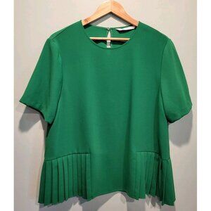 Zara Green Short Sleeve Boxy Pleated Hem Blouse Sz 2X Office